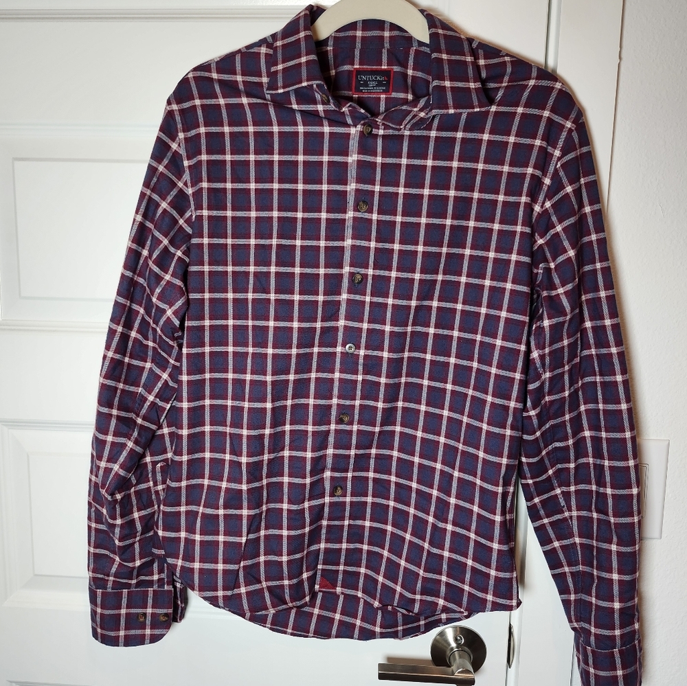 Untuckit Long Sleeve Men's Slim Fit Maroon & Blue Plaid Shirt Taurino - Picture 6 of 7